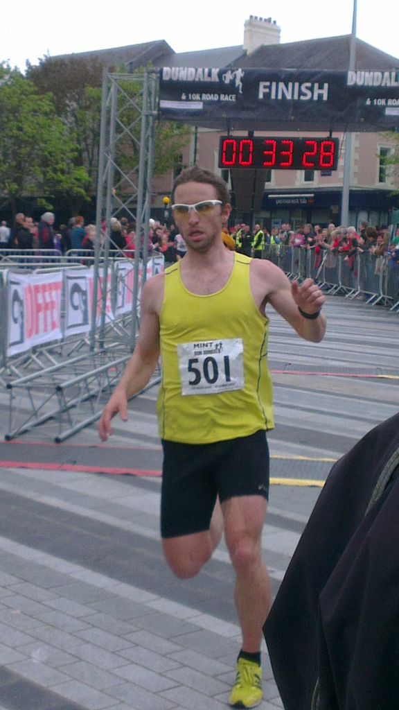 Darragh Greene crosses the finish line at the Market Square after winning last year's Dundalk 10k run
