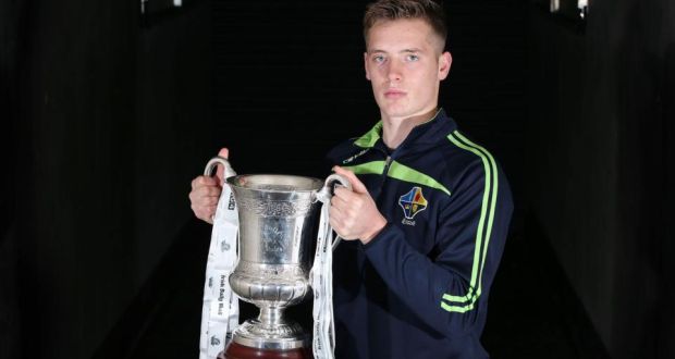 Ciarán Byrne with the Cormac McAnallen Cup, which will be presented to the winners of the International Rules Series