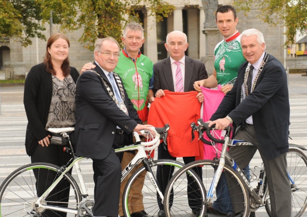 Cllr. Eamon O'Boyle, Chairman of Dundalk Town Council and Cllr. Declan Breathnach, Chairman of Louth County Council, Town Clerk, Frank Pentony, Sinead Roche, Dundalk Tourism Officer along with Karl Dolan and Pat O'Shaughnessy of Cuchulainn Cycling Club at the official launch of the Irish leg of the Giro d'Italia which will pass through Dundalk, Castlebellingham and Dunleer on 11th May 2014