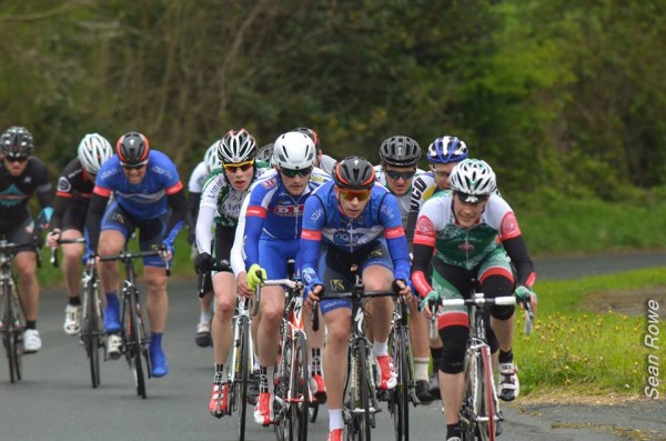 Michael Barry leads the break in Co Wicklow before crashing out on the slippy roads