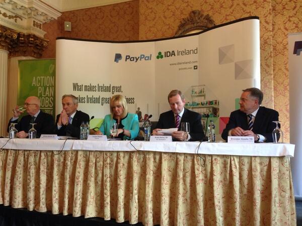 IDA Ireland's Barry O'Leary, Minister for Jobs Richard Bruton, Louise Phelan of PayPal, Taoiseach Enda Kenny and Minister for Public Expenditure and Reform Brendan Howlin at today's jobs announcement