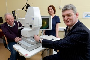 Frank Duffy, Dundalk (left) one of the first patients to undergo cataract surgery as part of the new Eye Service in Louth County Hospital with Geraldine Forrester, Clinical Nurse Manager and Mr James Morgan, Consultant Ophthalmologist at Louth County Hospital.